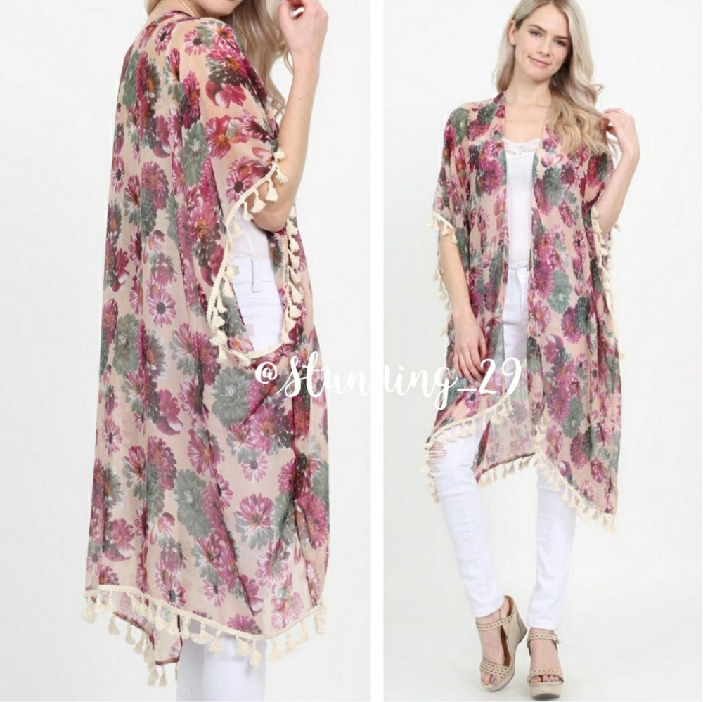 🆕 BEIGE PINK FLORAL OPEN LONG KIMOMO DUSTER - Picture 4 of 7
